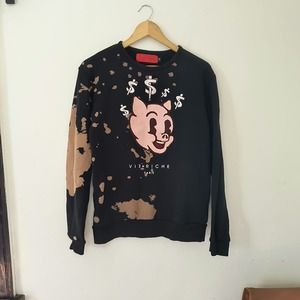 Vie Riche Paris Mens Embroidered Piggy Head Bleached Pullover Sweatshirt Small
